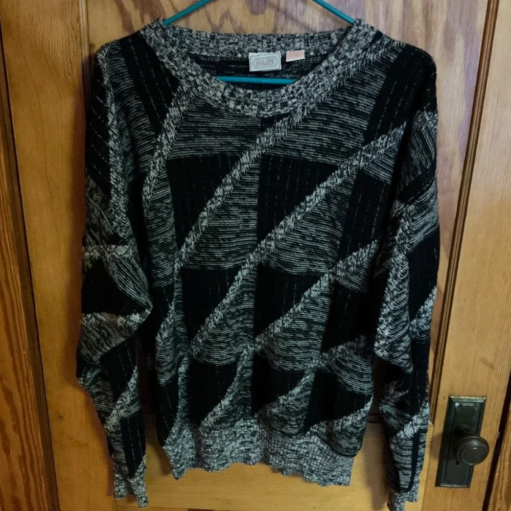 Vintage 80s Black Gray Geometric Sweater Retro Oversized Knit Unisex